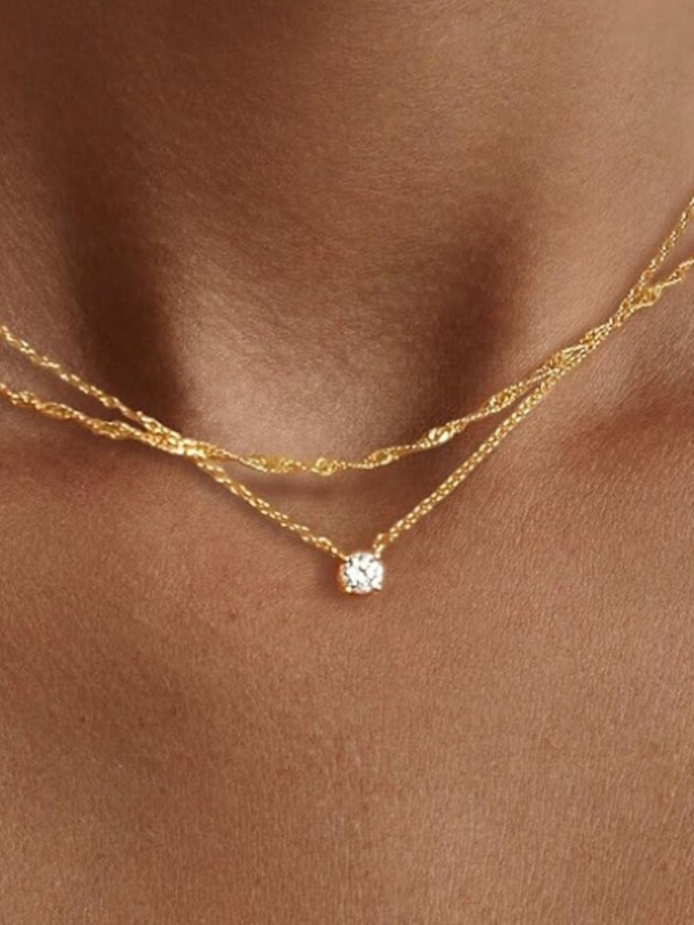 14K Plated Gold Double-Layer Twisted Chain Necklace with CZ Pendant